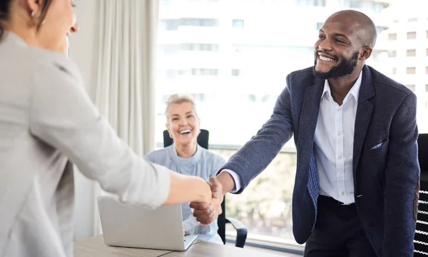 Thank Recognition Young Businessman Shaking Hands Colleague Meeting Office — Stockfoto