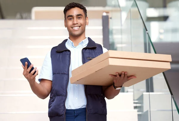 Bringing Joy Masses Young Delivery Man Delivering Pizza Ordered Using — 스톡 사진