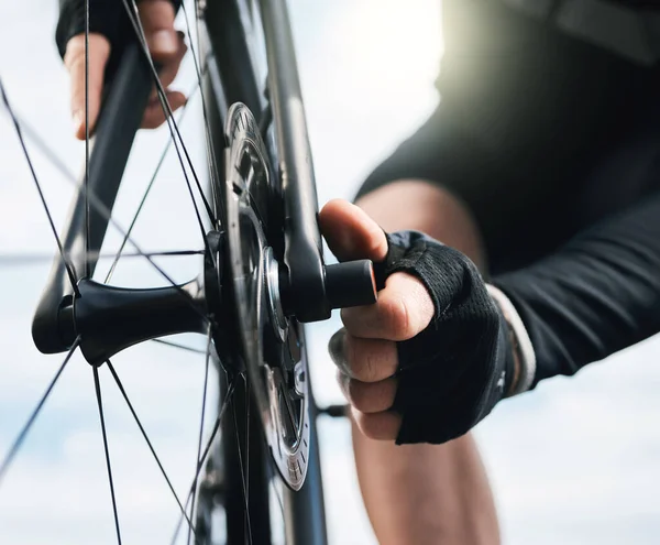 Good Cyclist Knows His Bike Unrecognizable Man Checking His Tyre — Stockfoto