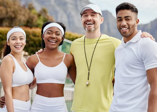 Win Work Together Cropped Portrait Three Young Tennis Players Coach — Stockfoto