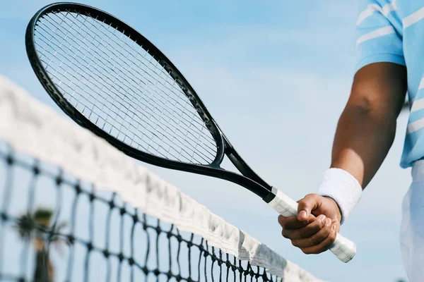 Give Your Best Shot Unrecognizable Man Holding Racket Tennis Match — стоковое фото