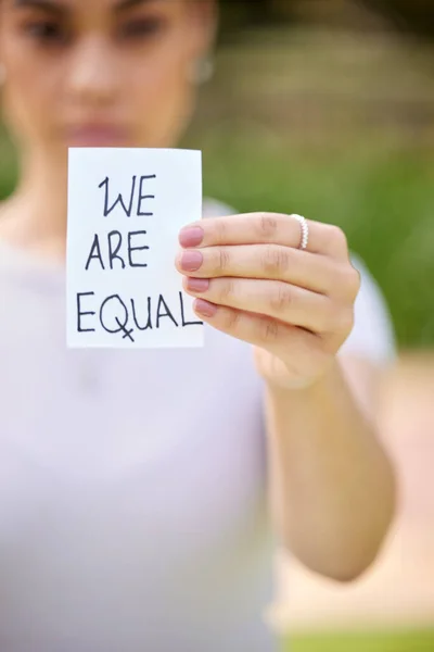 Equality Soul Liberty Unrecognizable Woman Holding Card Protest Park — Stockfoto