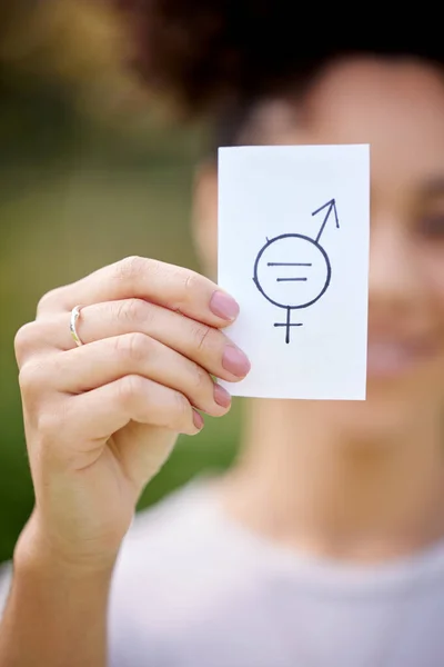 Equality Rights Springs Identity Unrecognizable Woman Holding Card Protest Park — Stockfoto