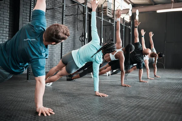 Only Few More Seconds Group Gym Friends Side Planking Together — Stock fotografie