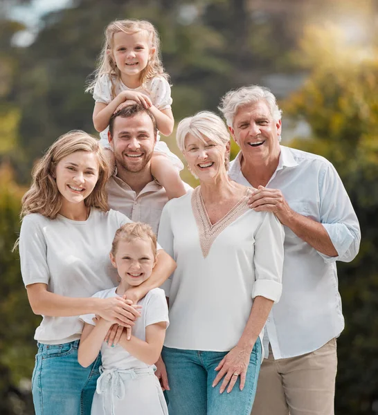 Mature Young Family Members Garden Happy Smiling Parents Relaxing Children — 스톡 사진