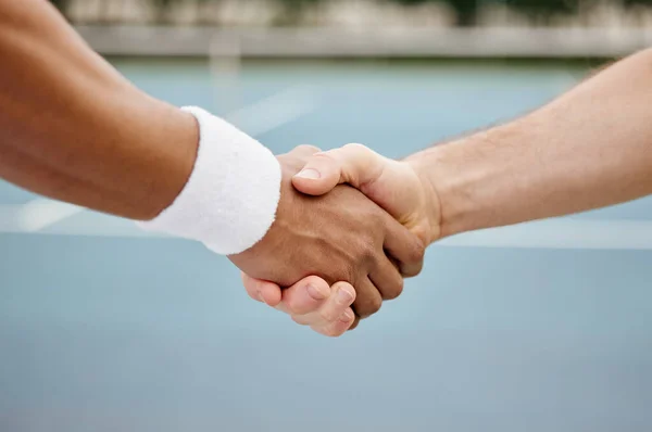 Well Done Two Unrecognizable Tennis Players Shaking Hands While Standing — Φωτογραφία Αρχείου