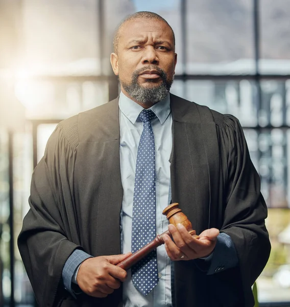 Serious Justice Mature Male Lawyer Holding Gavel Work — Stock Photo, Image