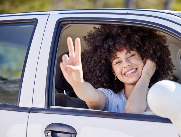 Outta Here Beautiful Young Woman Enjoying Adventurous Ride Car — Fotografia de Stock