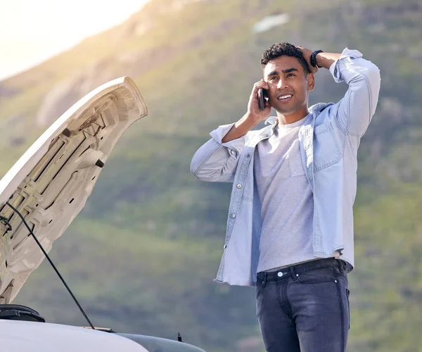 Car Has Just Broken Handsome Young Man Phone Roadside Assistance — Stockfoto