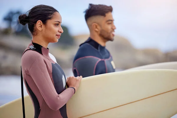 Everything Changes Your Board Touches Water Young Couple Surfing Together — Photo