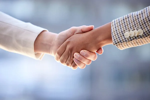 Lets Make Deal Two Unrecognizable Businesspeople Shaking Hands City Background — Stockfoto