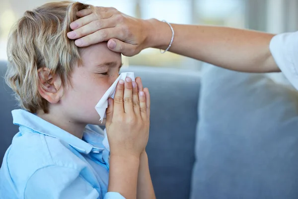 Sick Boy Blowing Nose Mother Feeling Sons Head Fever Little — Zdjęcie stockowe