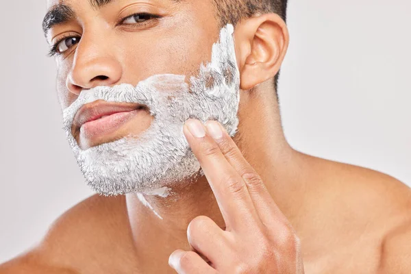 Shaving Cleaner Look Young Man Applying Shaving Cream His Face — Stok fotoğraf