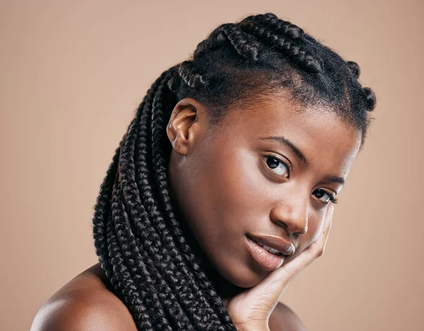 Cropped Portrait Attractive Young Woman Posing Studio Brown Background — Foto de Stock