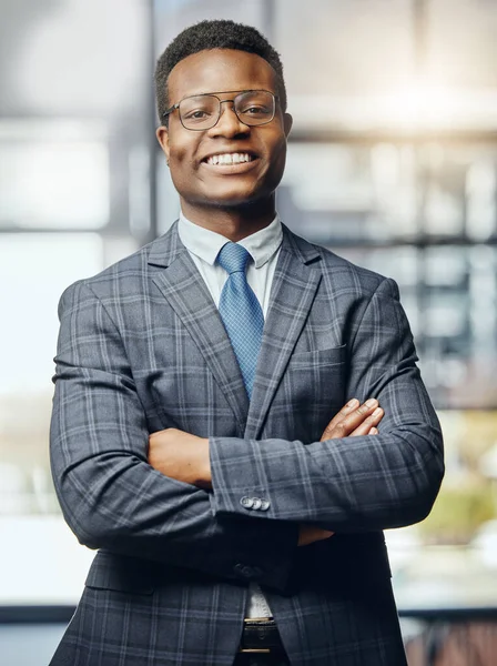 Happy Service Young Male Lawyer Standing His Arms Crossed Work — Stockfoto