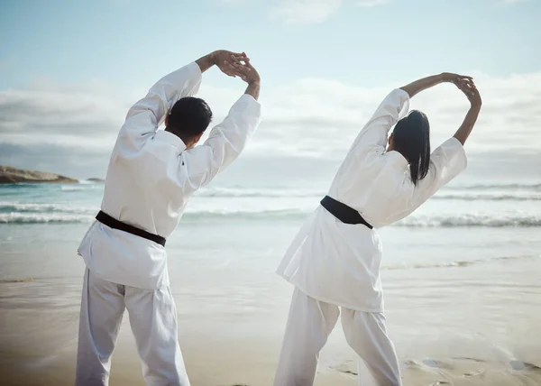 Preparing Workout Rearview Shot Two Unrecognizable Martial Artists Practicing Karate — 图库照片