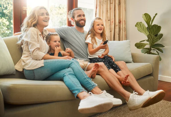 Young Carefree Caucasian Family Sitting Couch Watching Movie Together Lounge — 图库照片