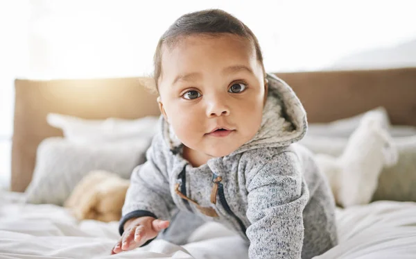 Watch Thing Adorable Baby Boy Playing Bed Home — Stockfoto