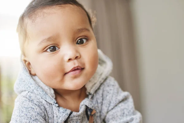 Steal Your Heart Adorable Baby Boy Playing Bed Home — Stock Fotó