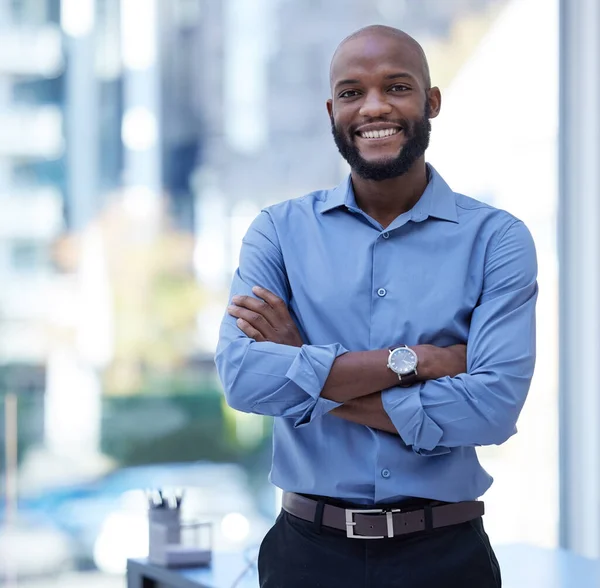 Business Smile Young Businessman Standing His Arms Crossed Office Work —  Fotos de Stock