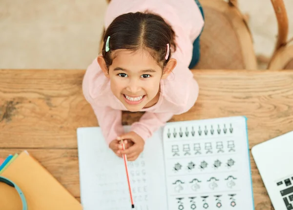 Love Learning High Angle Portrait Adorable Little Girl Doing Her — Stock fotografie