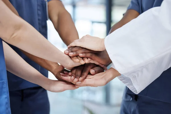 Group Unrecognizable Doctors Stacking Hands Work — Foto Stock