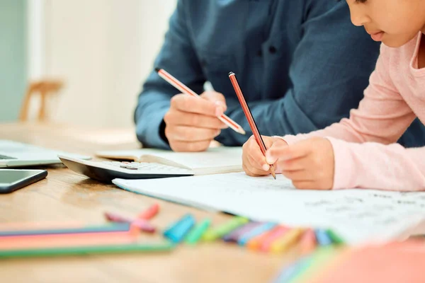 Dad Always Help Unrecognizable Little Girl Doing Her Homework Some — стоковое фото