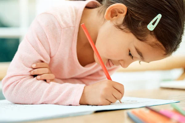 Getting School Work Adorable Little Girl Doing Her Homework — 图库照片