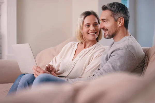 Really Were Watching Again Young Couple Bonding Sofa Home — Stok fotoğraf