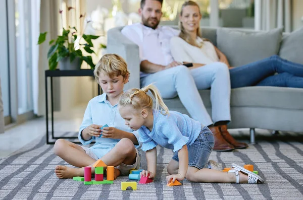 Full Length Shot Affectionate Family Four Relaxing Living Room Home — Photo