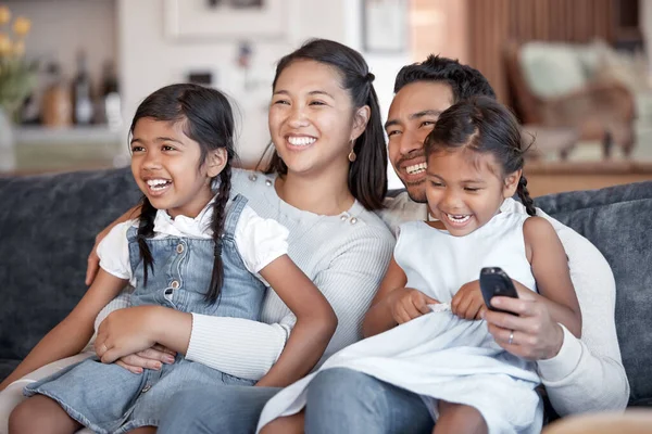 Watching Favourite Show Affectionate Young Family Four Watching Living Room — Fotografia de Stock