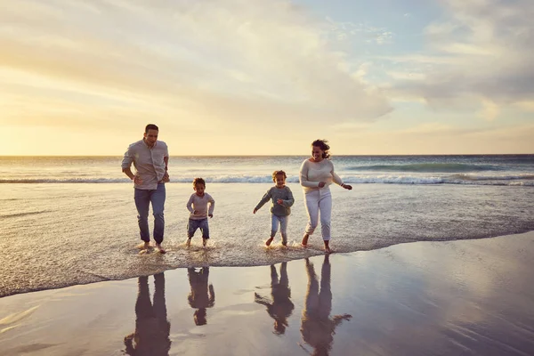 Happy Carefree Family Running Having Fun Beach Sunset Mixed Race — Photo