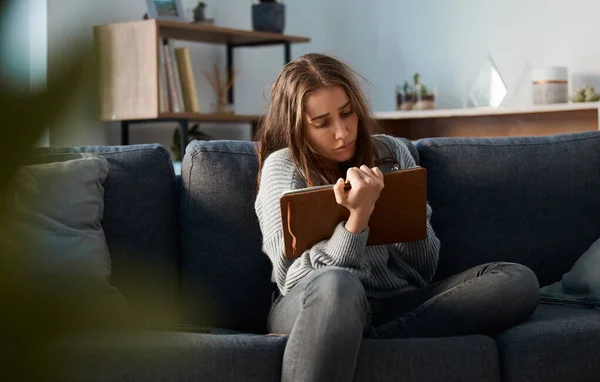 Anxious Young Woman Writing Her Journal — Fotografia de Stock