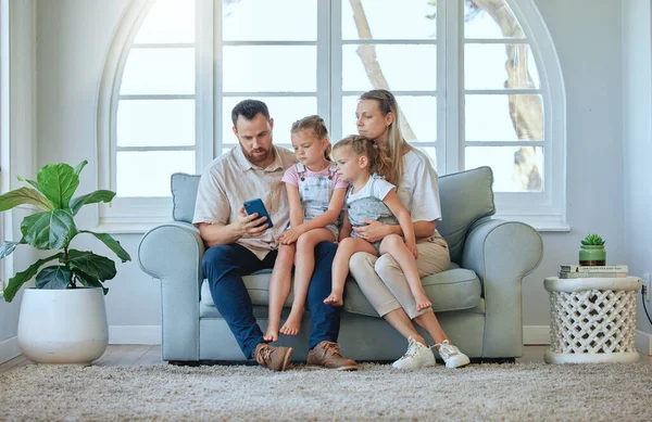 Live Simple Life Young Family Using Phone Together Home —  Fotos de Stock