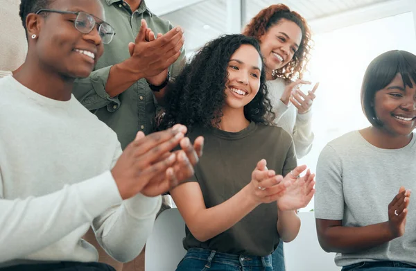 Success Never Felt Good Diverse Group People Sitting Together Clapping — Stock Photo, Image