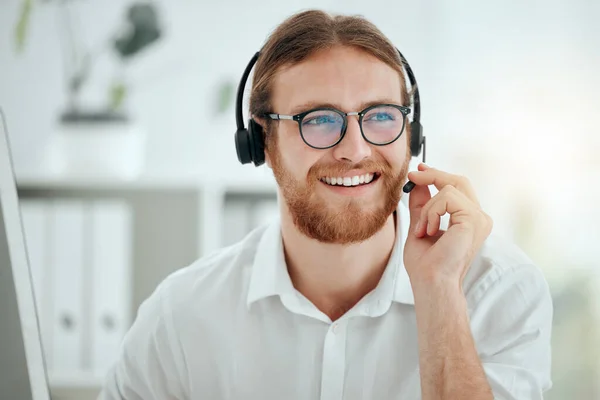 Here Help You Handsome Young Male Call Center Agent Working — Foto de Stock