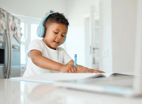 Stay Lines Little Boy Doing His Homework Home — Stockfoto