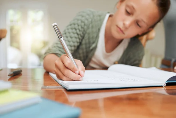 Most Productive Hour Young Girl Doing Her Homework Kitchen Table — Stok fotoğraf