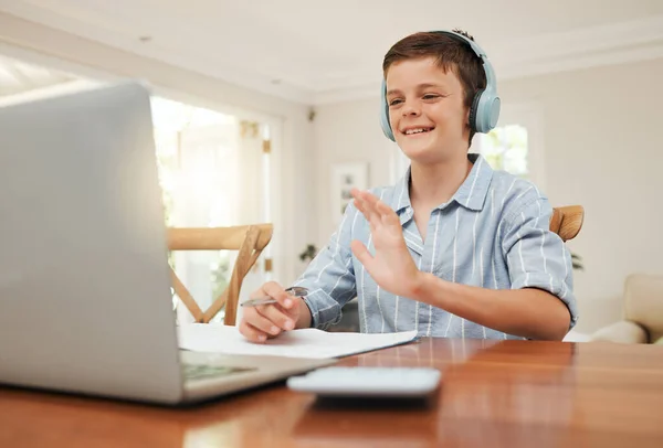 Loves New Normal Young Boy Attending His Online Class Home —  Fotos de Stock