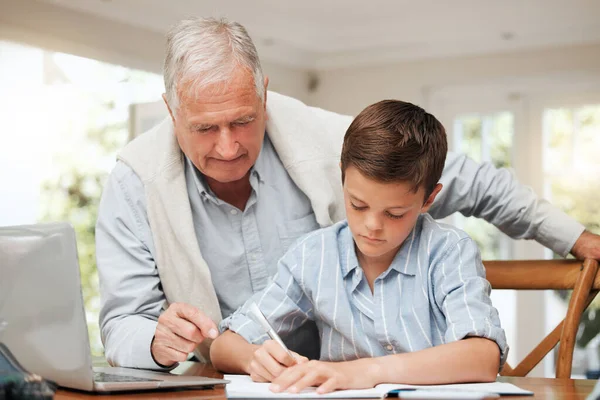 Works Lot Different Now Grandfather Helping His Grandchild Homework Home —  Fotos de Stock