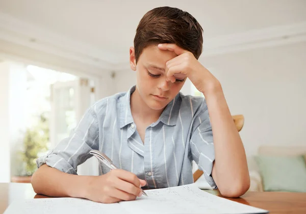 Felling Blue Young Boy Doing His Homework Kitchen Table Home — Foto Stock