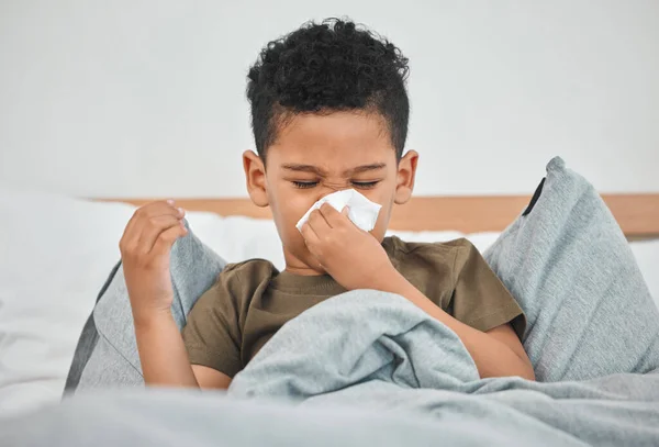 Have Get Better Soon Little Boy Blowing His Nose While — Stock Photo, Image