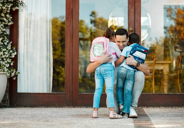Children Returning School Hugging Father Return Daddy Missed Little Daughter stockbilde