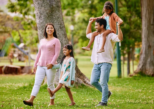 Young Happy Mixed Race Family Relaxing Walking Together Park Loving — Φωτογραφία Αρχείου