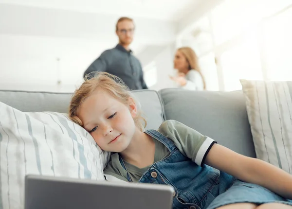 Technology Providing Comfort Trying Times Little Girl Using Digital Tablet — Φωτογραφία Αρχείου