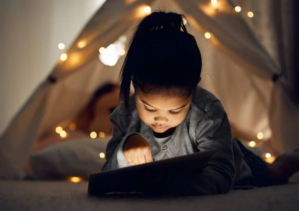 Sneaking One More Episode Little Girl Using Digital Tablet Late — Foto Stock