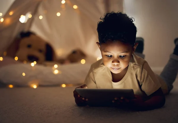 Opening Whole Different World Little Boy Using Digital Tablet Late —  Fotos de Stock