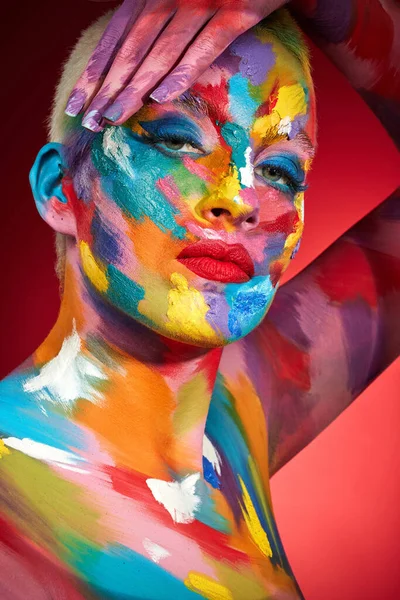 Think Lines Live Colourfully Studio Shot Young Woman Posing Multi — стоковое фото
