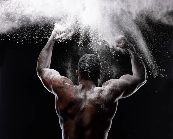 Display Power Artistic Shot Muscular Young Man Posing White Powder — Foto Stock