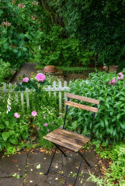 Chair in a lush garden for a quiet, relaxing view and fresh air outside. Vibrant landscape of a park or backyard with a seat between flowering plants. A peaceful spot area in green environment.